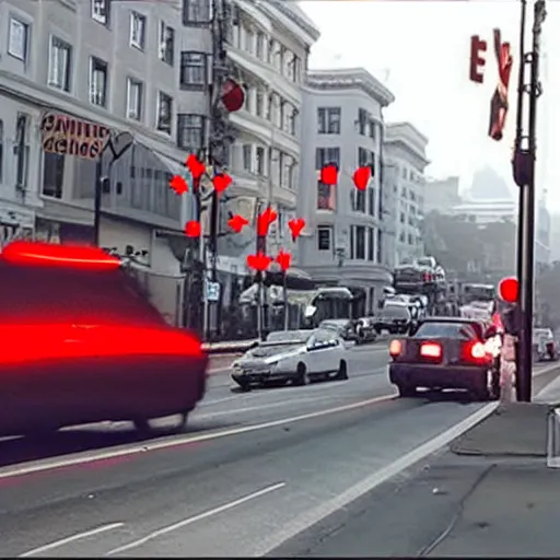 Prompt: ultra realistic red light camera capturing 2 1 savage running the light in san francisco, historically accurate footage, unreleased version of the second coming by james franco