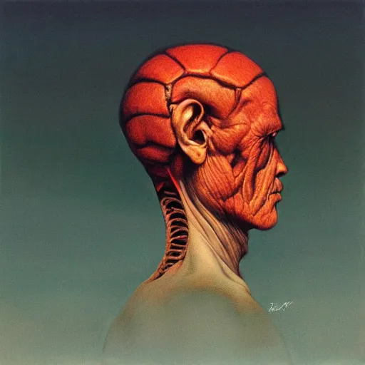 Prompt: human head mutation into an insect head, half - profile shot, meaty, photoreal, by zdzisław beksinski