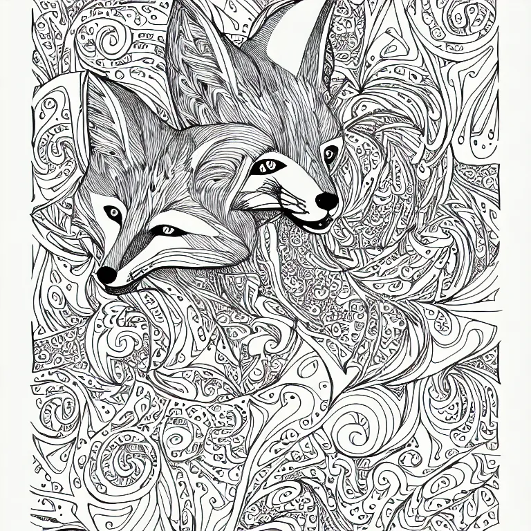 Image similar to fox ornaments fractal ink drawing line art colouring page, vector, margins, fine lines, centered