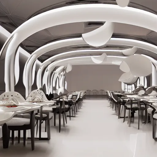 Image similar to three large white glossy kuka industrial robot arms on the floor around a dinner table, the kuka industrial robot arms are wearing bow ties, the table is full of food, they are having dinner inside a posh fine dining restaurant with retro modern furniture and decor, global illumination, artstation, fantasy, volumetric light