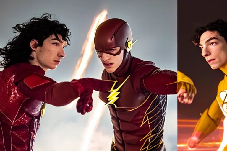 Image similar to a duel between flash ( left ) and ezra miller as flash ( right ), in space, shot on alexa, 3 5 mm cooke, still from a movie, trending on hollywood reporter