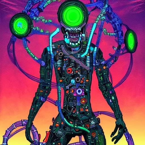 Prompt: digital full body painting of a cybernetically augmented cyberpunk zombie, hyperdetailed, vibrant colors, comic book style, Dan Mumford, wires, circuits, sparks, trending on Artstation