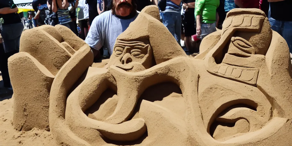 Image similar to masterfully crafted sand sculpture of a lemmy kilmister from motorhead at the playground's sandbox