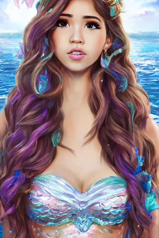 Image similar to pokimane in a mermaid outfit fantasy, highly detailed face, 8 k