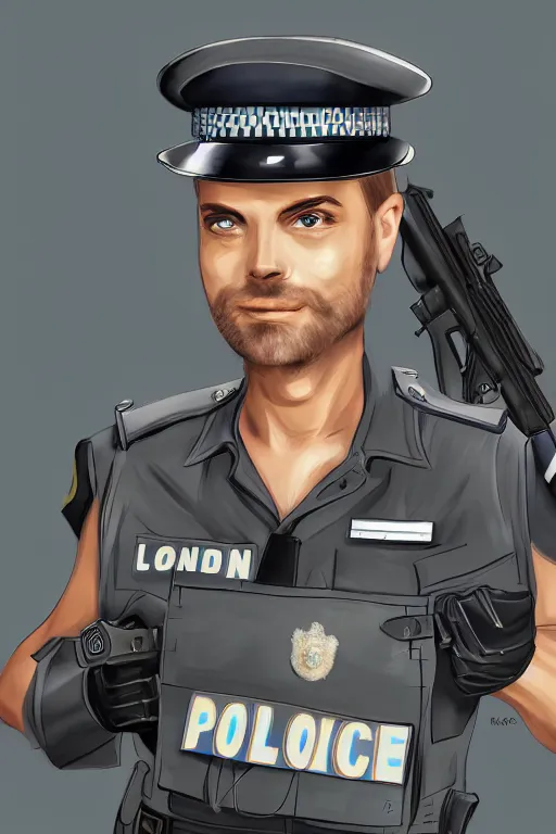 Image similar to london police officer heroically posing, highly detailed, digital art, sharp focus, trending on art station