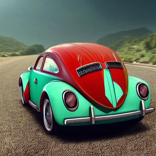 Prompt: promotional movie scene of a ( volkswagen beatle ) and ladybug hybrid. a ( volkswagen beatle ) merged into a ladybug. the hybrid is racing down a dusty back - road. cinematic, 4 k, imax, 7 0 mm