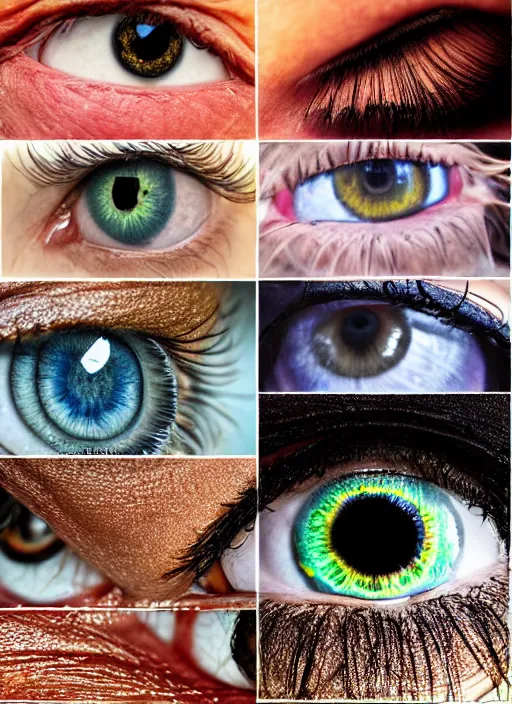 Image similar to grid montage of eyes, detailed colored textures, eyelashes, advanced art, art styles mix, from wikipedia, wet relections in eyes, sunshine, hd macro photograph, from side, various eye shapes, spherical black pupil