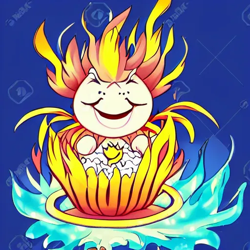 Image similar to fluffy popcorn anime character with a smiling face and flames for hair, sitting on a lotus flower, clean composition, symmetrical