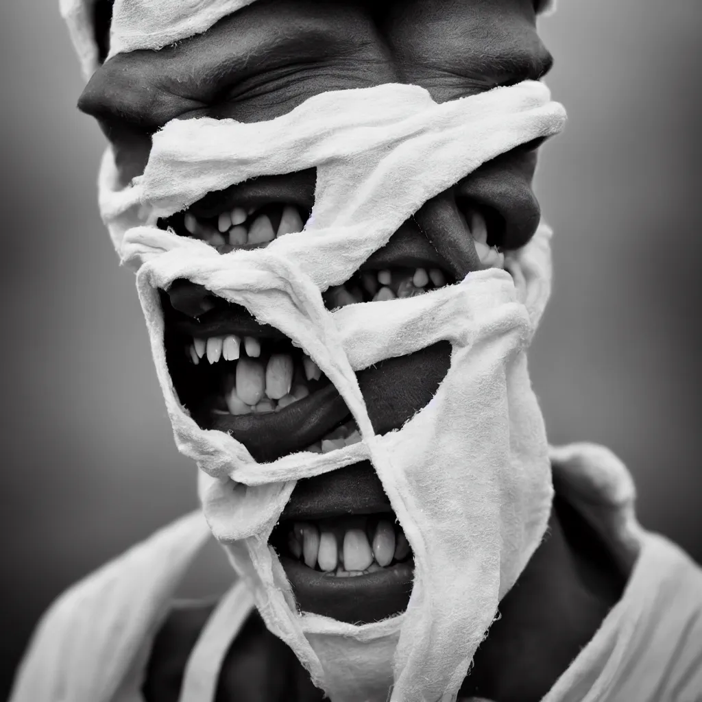 Image similar to Extreme Close-Up (ECU) vintage black and white portrait photo of a young man dressing in white robes wearing white masks in the field, the man is screaming, cinematic lighting, cinematic composition, cinematic atmosphere, misty foggy. Vogue photography Sigma 85mm f/5-6.3 lens, portrait winning photograph.