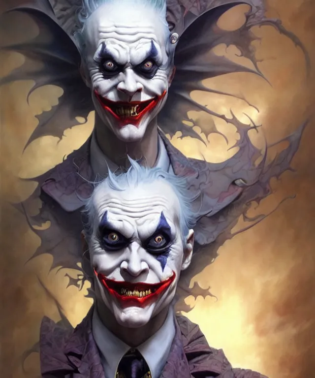 Image similar to beautiful portrait of evil fantasy baby joker, ultra realistic, wide angle, intricate details, the fifth element artifacts, highly detailed by peter mohrbacher, hajime sorayama, wayne barlowe, boris vallejo, aaron horkey, gaston bussiere, craig mullins