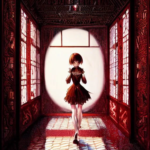 Image similar to beautiful young girl in intricate clothing walking through a hallway made of blood diamonds, reflections, very high intricate details, painting, digital anime art, medium shot, mid - shot, wlop, ilya kuvshinov, artgerm, krenz cushart, greg rutkowski, sana takeda