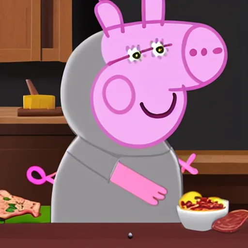 Prompt: Peppa pig as a military leader, bacon cooking in background, trending on artstation, hyperrealism