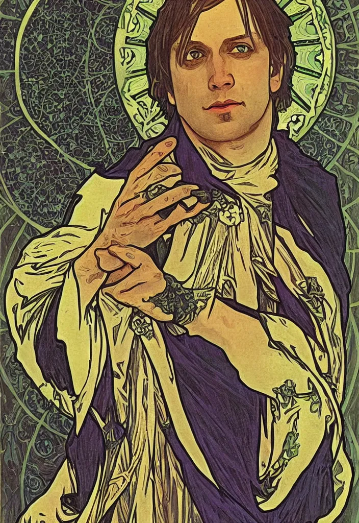 Image similar to Geoff Rickly on a tarot card, tarot major arcana in art style by Alphonse Mucha