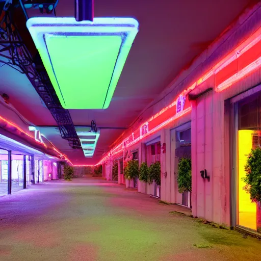 Prompt: a indoor abandoned parking lot with overgrown plants, bisexual lighting, neon, cyberpunk, art by Simon Stalenhag, cinematic, 4k