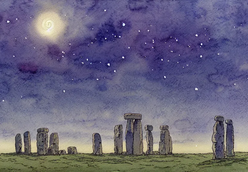 Image similar to a simple watercolor studio ghibli movie still fantasy concept art of a giant native american man standing in stonehenge in the ocean. it is a misty starry night. by rebecca guay, michael kaluta, charles vess