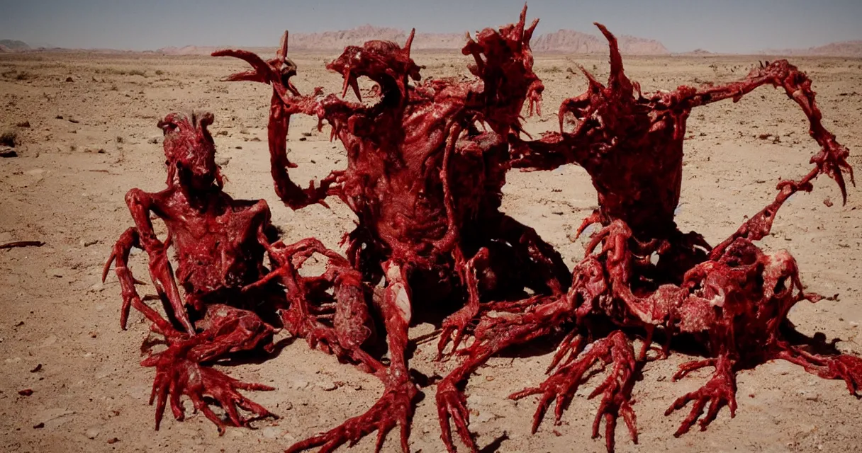 Image similar to in the desert a bloody gross horrifying The Thing creature made of muscle and bone and blood stares at the camera, eating, mid day, 35mm photography, realistic,