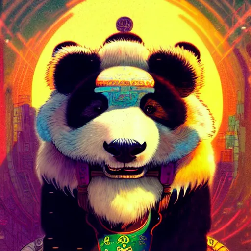 Image similar to a beautiful hyperdetailed character design 4 k wallpaper illustration of a cute panda with a chinese lion dance head victo ngai cyberpunk style, from china, style of studio ghibli, makoto shinkai, raphael lacoste, louis comfort tiffany, artgerm, james jean, ross tran, chinese style