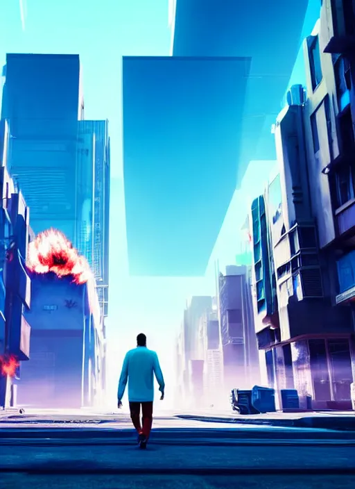 Image similar to a man walks happily down the street with his head on fire in a futuristic cyberpunk city, the sky is a turquoise blue with beautiful white fluffy clouds, hyper realism volumetric lighting