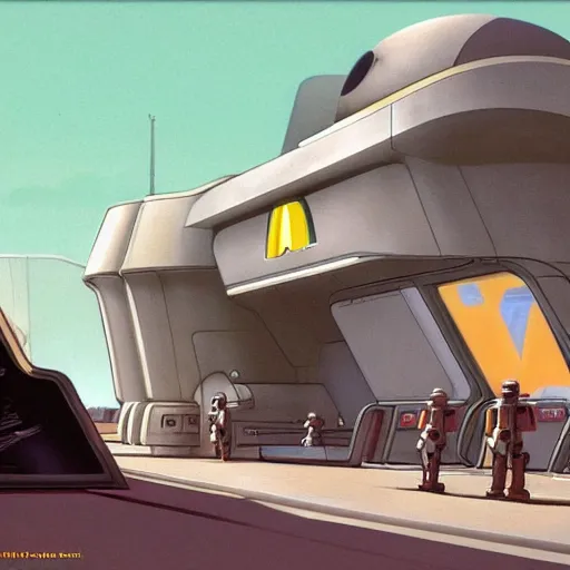 Image similar to ralph mcquarrie concept art of a futuristic mcdonalds. a space station is seen off in the distance with various droids and people walking in the foreground. a trooper is seen holding a brown mcdonalds bag.