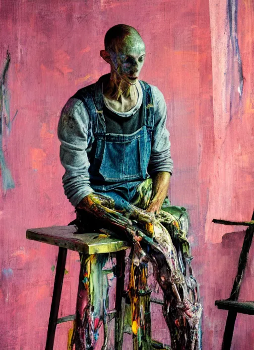 Image similar to an insane, skinny, artist wearing dirty, torn overalls, expressive painting, inside a grand messy studio, depth of field, hauntingly surreal, highly detailed oil painting, by francis bacon, edward hopper, adrian ghenie, glenn brown, soft light 4 k in pink, green and blue colour palette, cinematic composition, high quality octane render, masterpiece