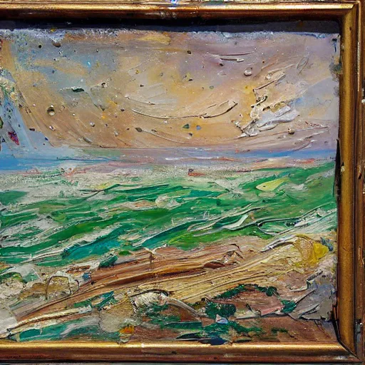 Image similar to oil paint impasto relief, beautiful italian beach scene, multi layered thick brush marks, some splattered paint, in the style of monet and frank auerbach