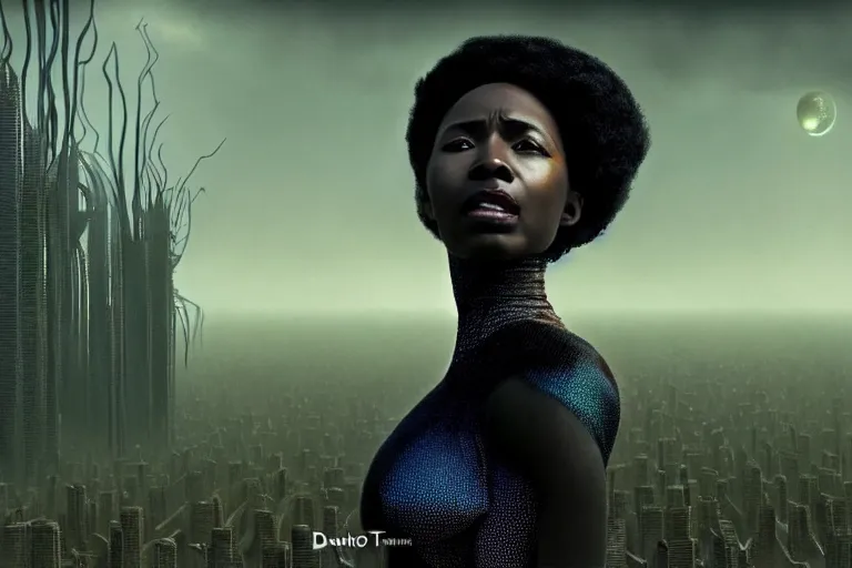 Prompt: realistic detailed photorealistic portrait movie shot of a beautiful black woman with a giant spider, dystopian city landscape background by denis villeneuve, amano, yves tanguy, alphonse mucha, ernst haeckel, david lynch, edward robert hughes, roger dean, cyber necklace, rich moody colours, wide angle