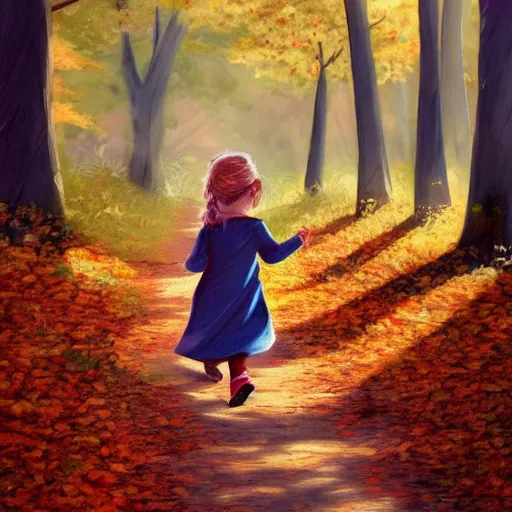 Image similar to ansell mary jane ilustration a beautiful little girl smiling, walking calmly through an autumn forest, characterized by ansell mary jane, sharp focus, highly detailed, artstation