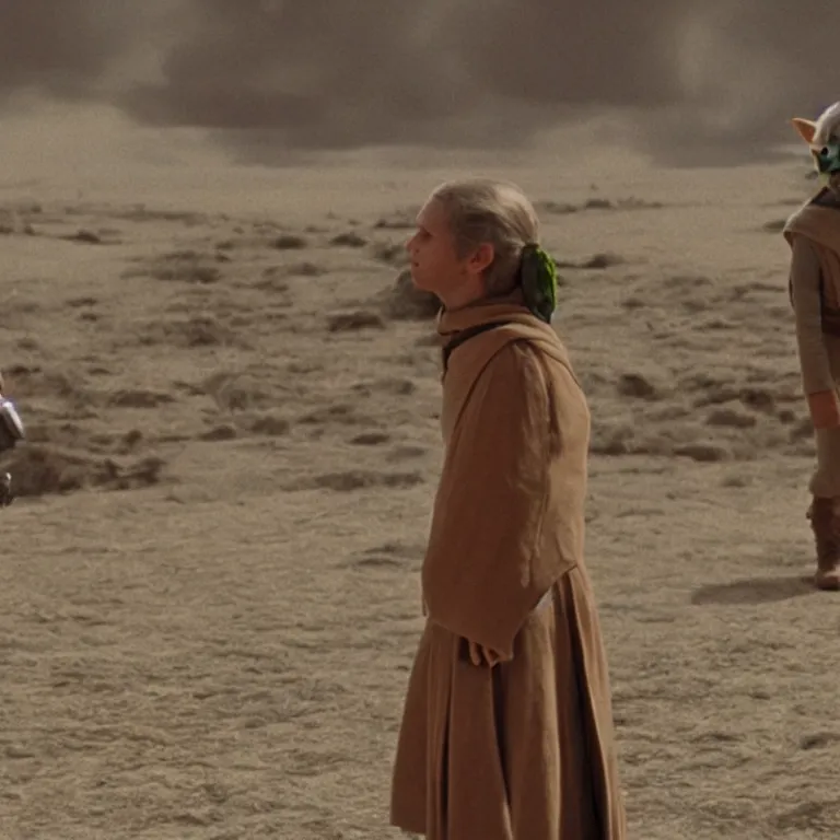 Image similar to film still from a star wars movie made by wes anderson, yoda and luke skywalker, in the style of wes anderson