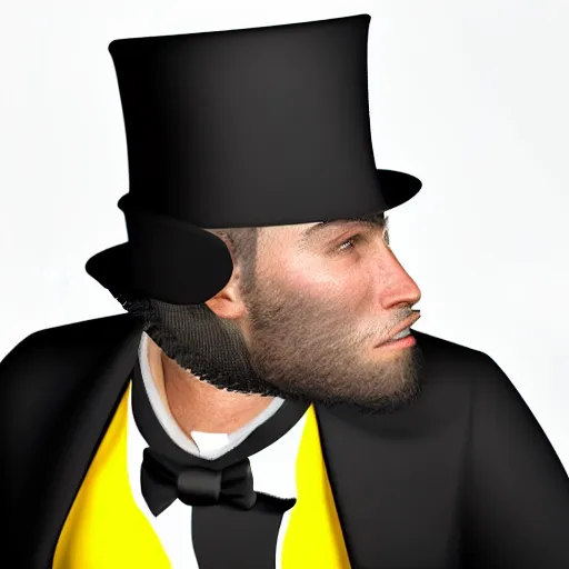 Image similar to a highly detailed portrait of a man in a high top hat covering his face, in a black tailcoat with a yellow waistcoat under the tailcoat, artstation, deviantart, professional, unreal engine 5, photorealistic