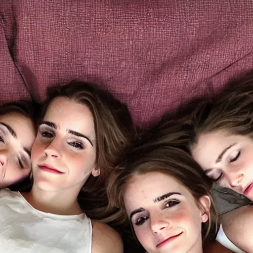 Image similar to emma watson and her friends sleeping in a bunch of cozy beds