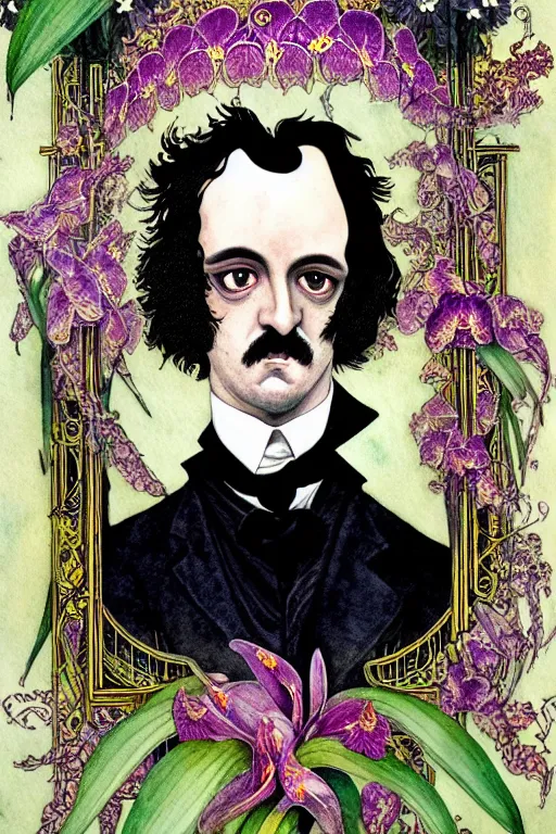 Prompt: realistic portrait of edgar allen poe in the center of an ornate orchid flower frame, detailed art by kay nielsen and walter crane, illustration style, watercolor