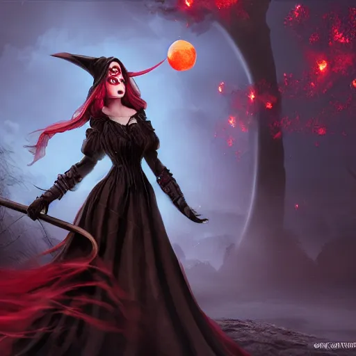 Prompt: a beautiful female witch of the bloodmoon character, character is in all its glory, full body shot, rim lights, particles and dust in the air, fancy clouds, highly detailed professional photo, dynamic lights, particles are flying, depth of field, trending on artstation, professional illustration, hyper realistic, super detailed, colorful accents, cinematic shot