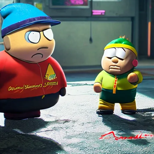 Prompt: Cartman and Butterz in cyberpunk 2077 unreal engine 5 4k ultra realistic hyperdetailed photorealism HDR