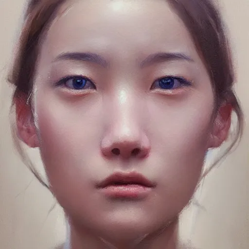 Image similar to perfect, realistic oil painting of close-up japanese girl face, by Greg Rutkowski, by an American professional senior artist, Hollywood concept, dynamic composition and motion, postproduction.