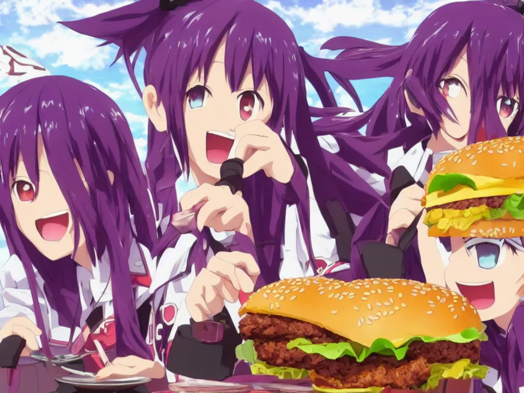 yuuki konno from sword art online eating a big burger, Stable Diffusion