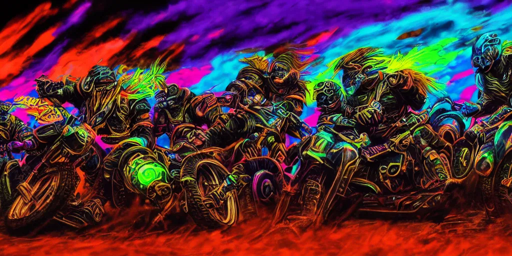 Prompt: psychedelic blacklight neon airbrush artwork, motorcycles, hyper stylized cinematic action shot of orcs in battle armor racing on motorcycles, menacing orcs, drifting, skidding, wheelie, clear focused details, soft airbrushed artwork, black background, post apocalypse, cgsociety, artstation