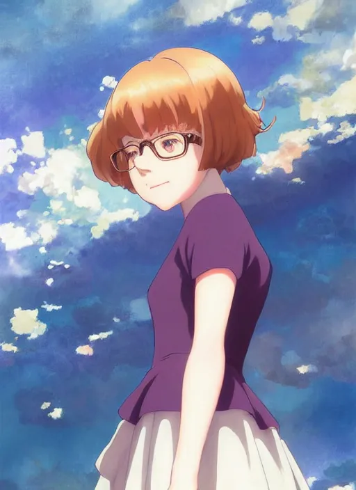 Prompt: Painting of Velma Dinkley in the style of Violet Evergarden, beautiful anime art style, winged eyelashes, countryside, calm, fantasy character portrait, dark outlines, dynamic pose, above view, sunny day, artwork by Makoto Shinkai, very coherent asymmetrical artwork, sharp edges, perfect face, simple form, 100mm