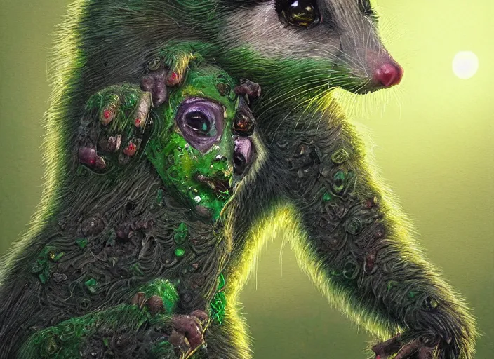 Image similar to full-body portrait of a anthro green zombie opossum fursona with long dark hair. Ruined stormy city. Glorious sun beams, intricate, elegant, highly detailed, digital painting, short focus, illustration, Allan Lee, John Howe