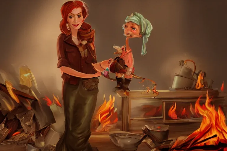 Image similar to a crazy housewife hurries up to pack daughter's things, surrounded with fire, digital art, trending on artstation