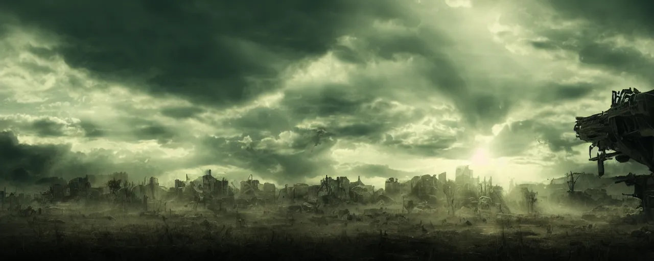 Prompt: post-apocalyptic landscape with skulls everywhere, beautiful clouds, sunrays, cinematic, cineovision