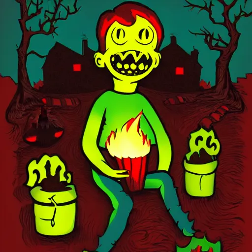 Prompt: spooky boy lit by campfire, illustration in the style of Jamie Hewlett, bold colors