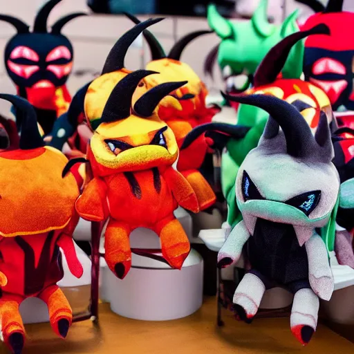 Image similar to devilish - looking demon plushies being sold at an amusement park