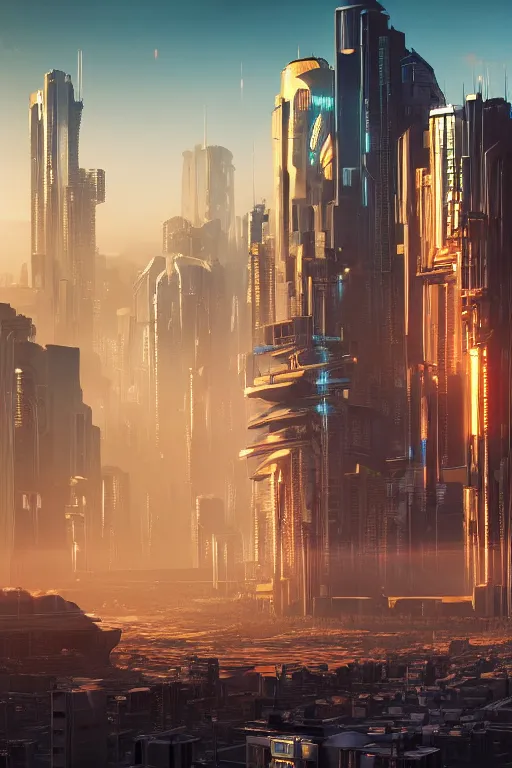 Image similar to cyberpunk cityscape with tall buildings at dusk golden hour orange cinematic lighting, epic composition. A golden daylight, hyper-realistic environment. Hyper and intricate detail, photo-realistic. Cinematic and volumetric light. Epic concept art. Octane render and Unreal Engine, trending on artstation