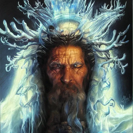 Image similar to detailed portrait of a wizard with 3 eyes glowing silver robe casting a beam of ice on a frozen dragon intricate, hyper detailed, realistic, oil painting, by julie bell, frank frazetta, cinematic lighting