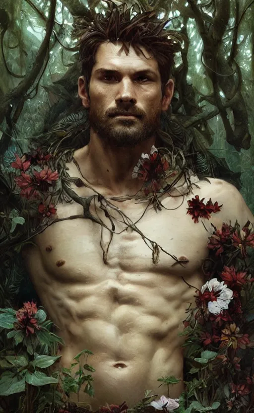 Image similar to god of the forest, 3 0 years old, rugged, handsome, male, detailed face, clean lines, atmospheric lighting, amazing, full body, thighs, flowers, muscular, intricate, highly detailed, digital painting, deviantart, concept art, sharp focus, illustration, art by greg rutkowski and alphonse mucha