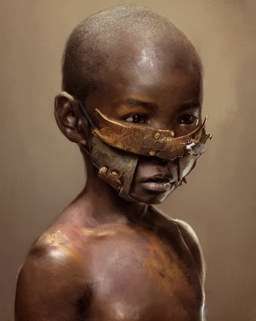 Prompt: portrait of an african boy with a wodden mask, dramatic lighting concept art by craig mullins and ruan jia and raphael lacoste, trending on artstation,