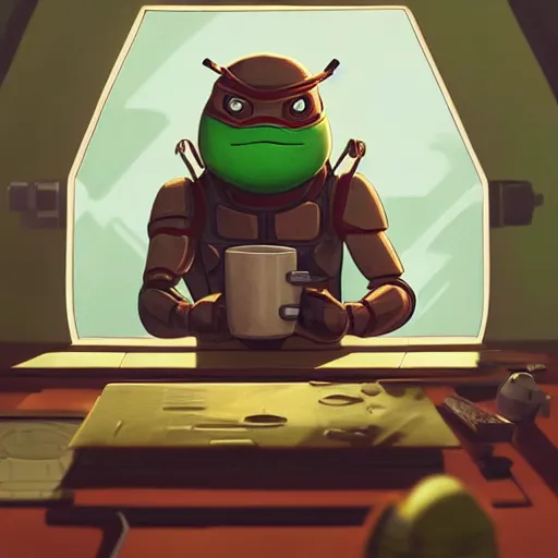 Image similar to a single muscular ninja teenage mutant turtle in a spacesuit drinks a steaming cup of tea at wooden desk in a sci-fi space station. :: by beeple and James Gilleard and Justin Gerard :: the autumn light comes in through a window and dimly illuminates the room. intricate, elegant, highly detailed, trending on artstation, smooth, sharp focus, octane render!!!