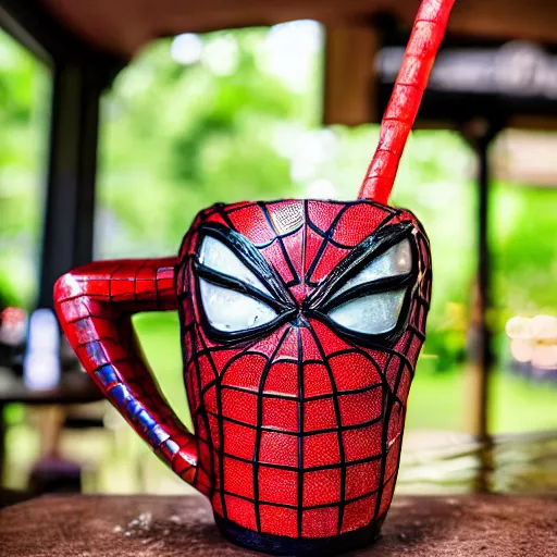 Image similar to a closeup photorealistic capture of glossy spider man style tiki mug at an outdoor trader vic's bar featuring the face of spider man. tiki theme. bright scene. fine detail. this 4 k hd image is trending on artstation, featured on behance, well - rendered, extra crisp, features intricate detail, epic composition and the style of unreal engine.