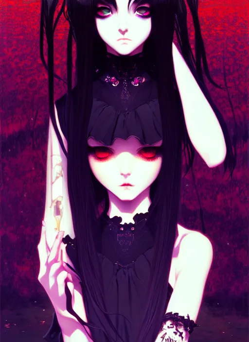 Image similar to portrait of beautiful gothic girl, cute face, intricate, highly detailed, digital painting, official media, anime key visual, concept art, rich vivid colors, ambient lighting, sharp focus, illustration, art by wlop and ilya kuvshinov and makoto shinkai and range murata and gustav klimt