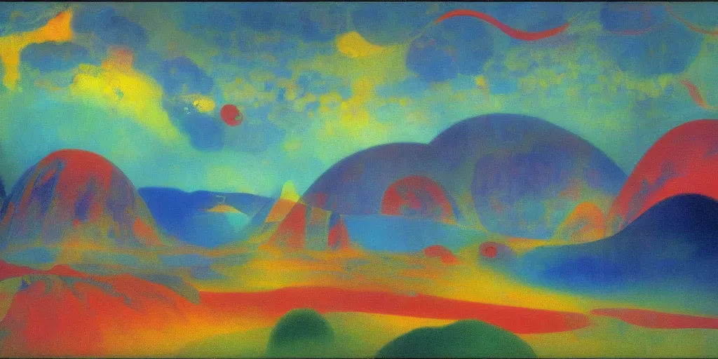 Image similar to An insane, modernist landscape painting. Wild energy patterns rippling in all directions. Curves, organic, zig-zags. Mountains, clouds. Rushing water. Waves. Psychedelic dream world. Odilon Redon. Agnes Pelton. Peter Max.